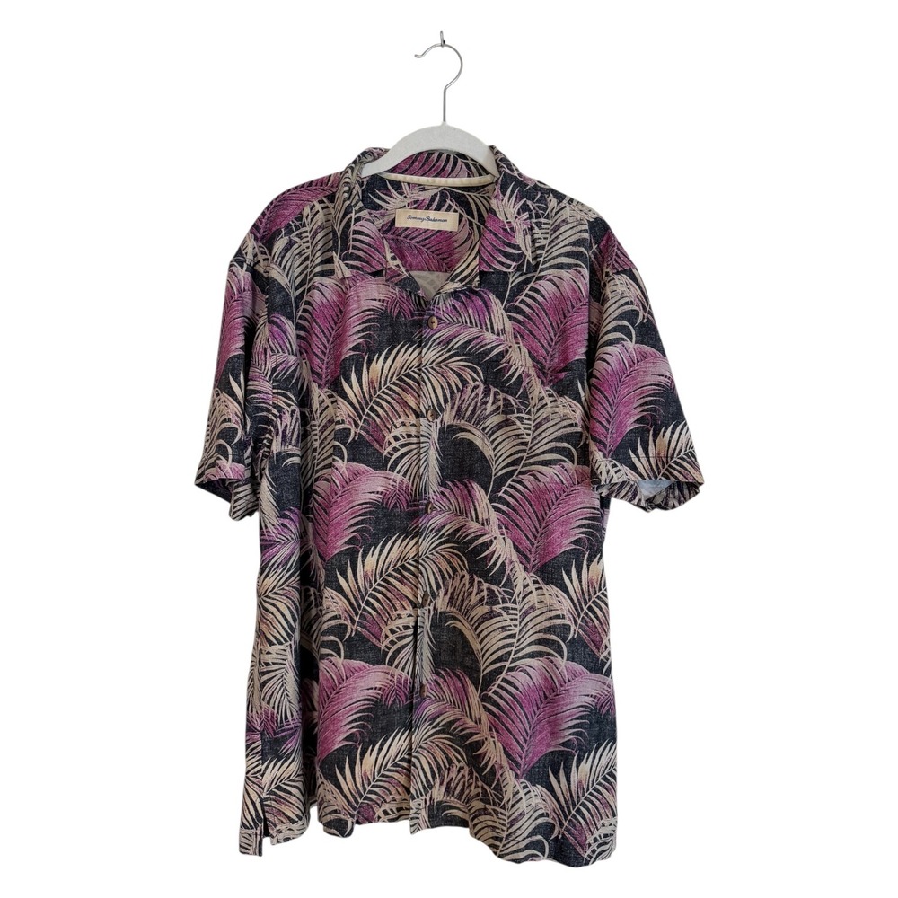 Tommy Bahama Silk Palm Leaf Shirt Mens‎ L Purple Tropical Aloha Button Up